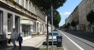 Bäume an einer bebauten Straße in der Stadt.