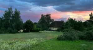 Das Bild zeigt einen Blick auf die Landschaft der Insel Vilm. Zwischen den Bäumen ist ein gelbes, reetgedecktes Gästehaus, eine grüne Wiese und ein stimmungsvoller, dunkler Wolkenhimmel zu sehen. Am rechten Bildrand ist der Himmel gelb-orange gefärbt vom Sonnenuntergang.
