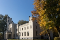 Ein weißes Schloss umgeben von alten, herbstlich gefärbten Bäumen.