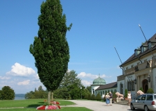 Das Foto zeigt den nordöstlichen Teil des Schlosses Bernried mit seinem Eingangsportal. Ein kleiner Ausschnitt des davor liegenden Parks mit Säuleneichen und im Hintergrund ein Blick auf den See.