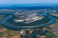 Luftaufnahme Blick aus Südost auf die Rheinschleife bei Speyer 