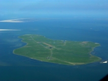 Luftbild einer Hallig im Wattenmeer