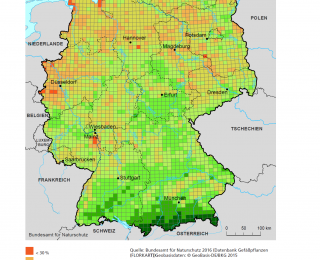 Karte: Verbreitungszentren der Zeigerarten für naturnahe Lebensräume in Deutschland