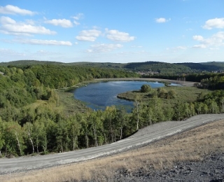 Das Foto als Schrägluftbild zeigt einen Teil einer überwiegend unbewachsenen Haldenflanke des Steinkohlenbergbaues und einen Absinkweiher der von einem geschlossenen Laubwald umgeben ist.