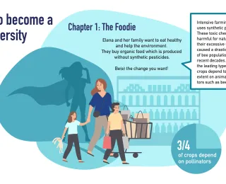 Eine junge Mutter kauft Bio-Lebensmittel, um Bestäuber wie Bienen zu schützen. Die Abbildung vereint alltagsnahe Verhaltenstipps mit wichtigen Hintergrundinformationen.