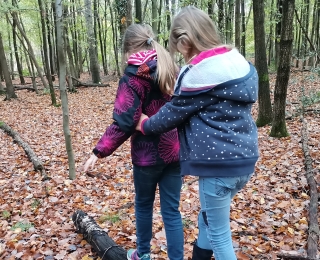 Zwei Kinder balancieren auf einem Baumstamm