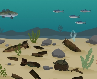 Screenshot des Videos mit animierter Unterwasserwelt mit Meeresbewohnern und Altmunition