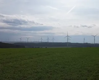 Grünland mit Waldbereichen und 66 Windenergieanlagen in unterschiedlicher Entfernung am Horizont. Hunsrück, Rheinland-Pfalz