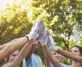 Mehrere Personen tragen Gartenhandschuhe und klatschen sich in der Luft mit den Händen ab