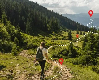 Illustration einer digital-gestützten Routenführung auf einer Wandertour