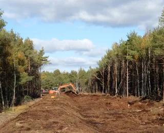 Ein Bagger betreibt Baumaßnahmen im Moor
