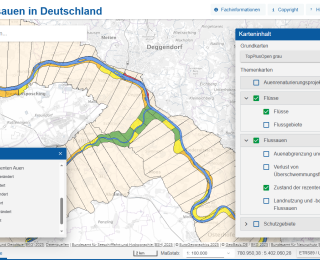 Der Kartenausschnitt zeigt den guten Auenzustand der Isarmündung und die deutliche bis starke Veränderung des Auenzustands in diesem Donauabschnitt. Gleichzeitig erkennt man, dass die re-zenten, noch überflutbaren Auen viel kleiner sind als die nicht mehr überflutbaren Altauen.