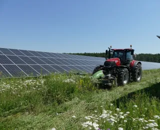 Traktor mit Frontmähwerk schneidet den Pflanzenaufwuchs vor einer Modulreihe in einem Solarpark