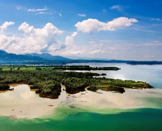 Luftaufnahme eines riesigen Flussdeltas. Wasser geht in den bewaldeten Strand über, Berge im Hintergrund.