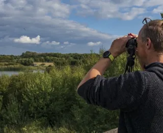 Das Foto zeigt einen Beobachter mit Fernglas auf dem Aussichtsturm in den Rieselfeldern in Münster