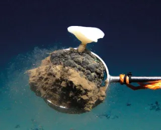 Manganknolle in der Tiefsee am Greifarm eines ferngesteuerten Unterwasserroboters.