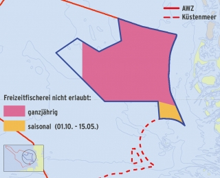Beispiel: Karte der Regelungen für die Freizeitfischerei im Naturschutzgebiet Sylter Außenriff – Östliche Deutsche Bucht (NSG SAR-Östl.Dt.Bt.). Die Regelungen im einzelnen finden sich in den Verordnungen der jeweiligen Naturschutzgebiete